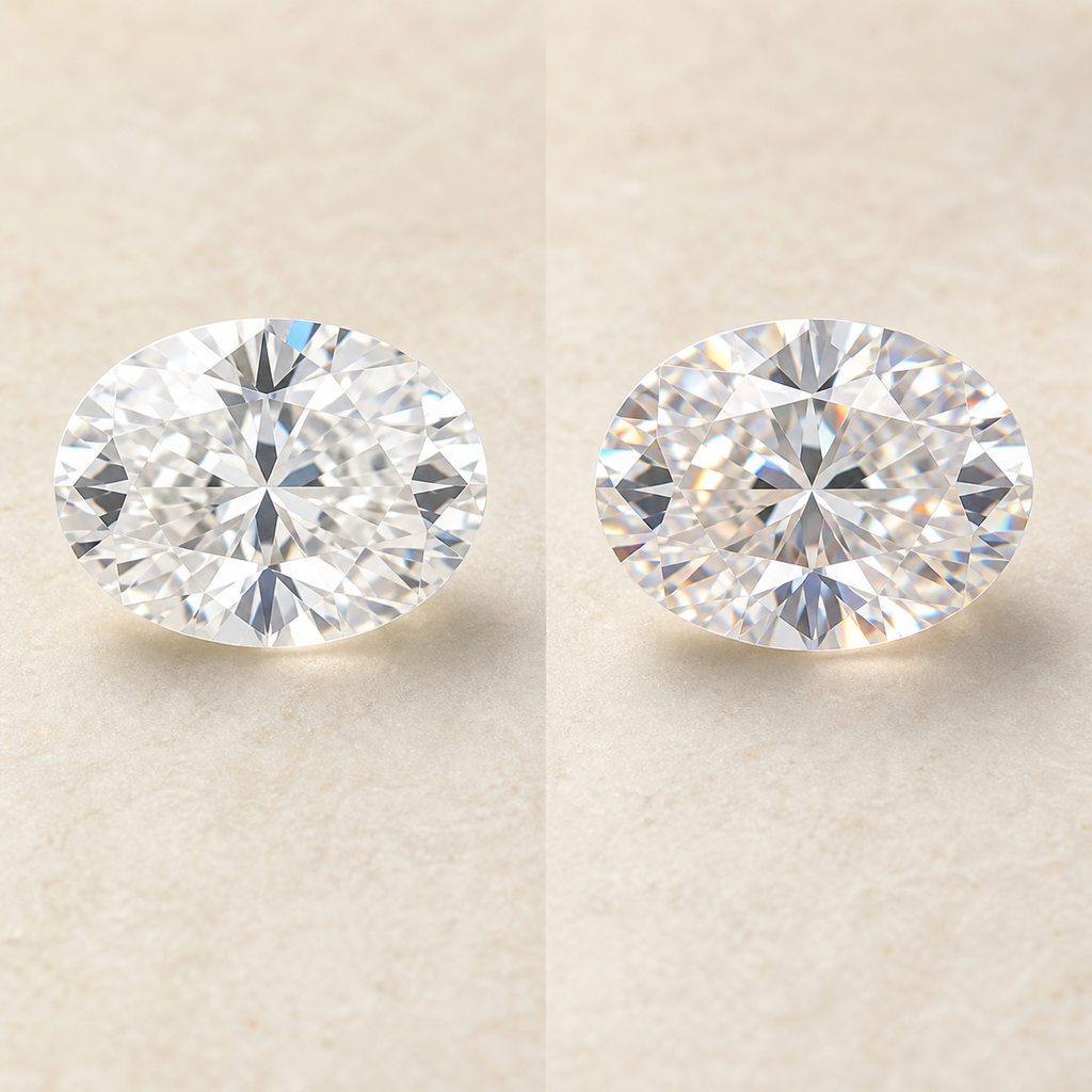 Oval simulated diamond and moissanite comparison showing brilliance and fire