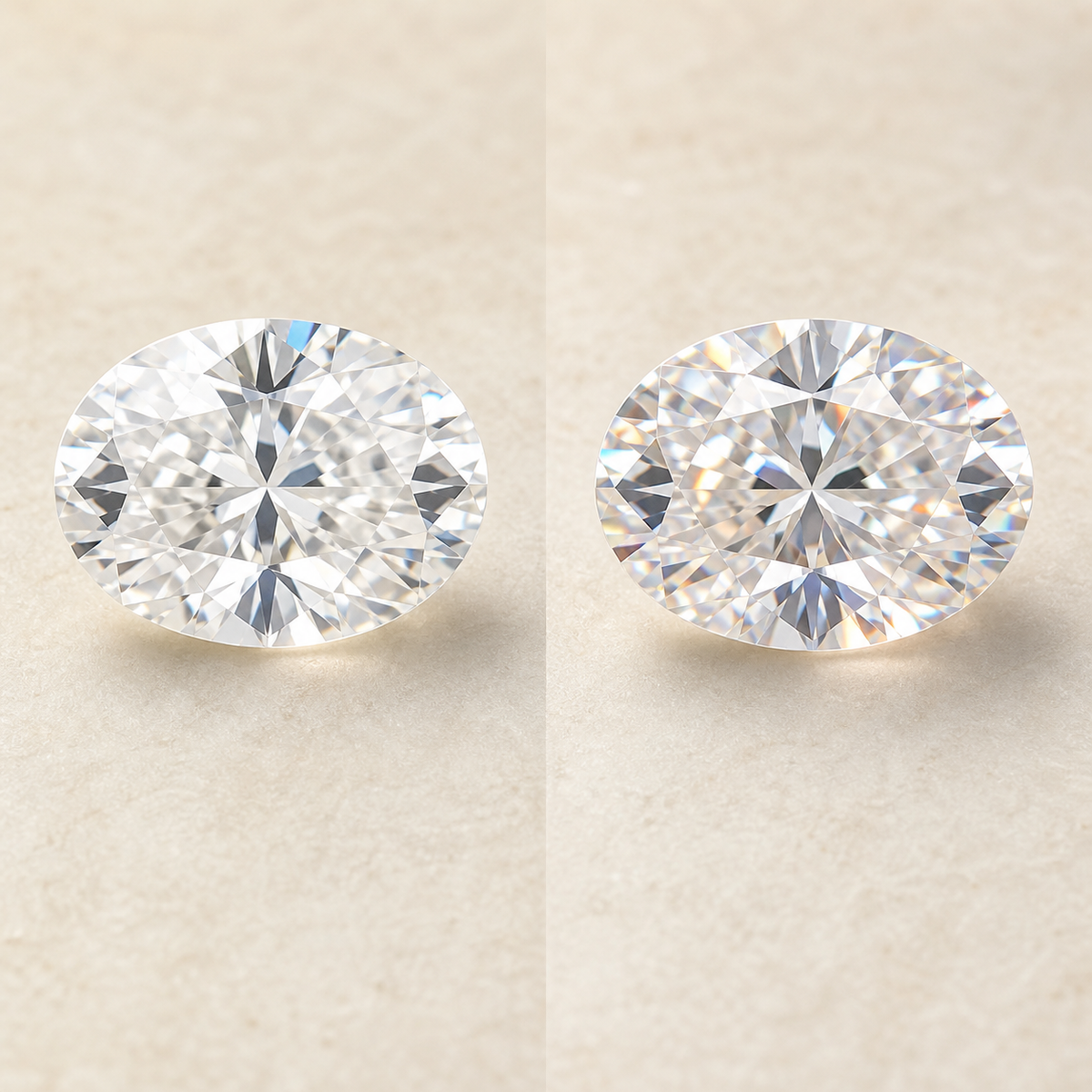 Oval simulated diamond and moissanite comparison showing brilliance and fire