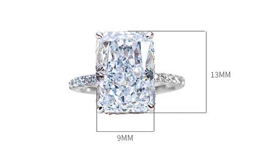 Aurora radiant-cut pavé ring dimensions showing a 9 by 13 millimetre center stone