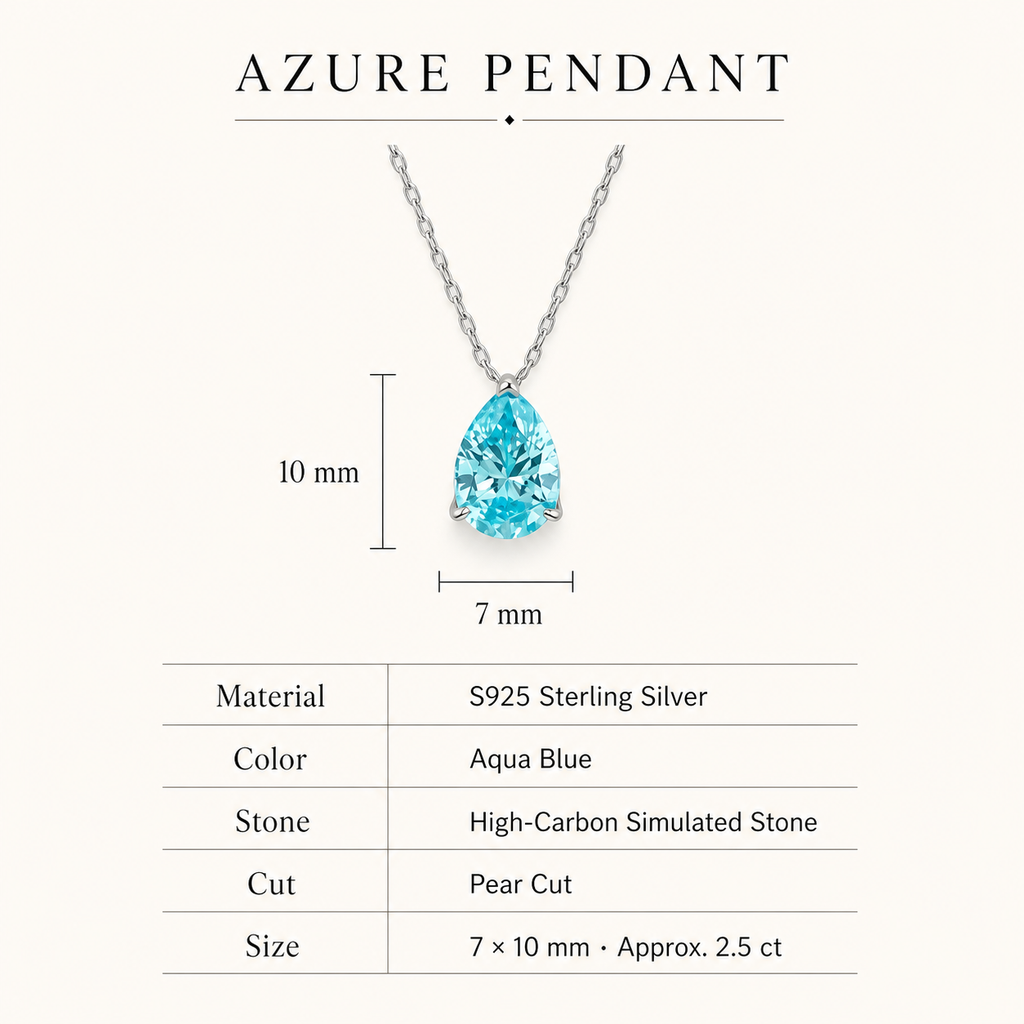 Azure pendant specifications: S925 sterling silver, aqua-blue pear-cut high-carbon simulated stone, 7 by 10 millimetres, approximately 2.5 carats