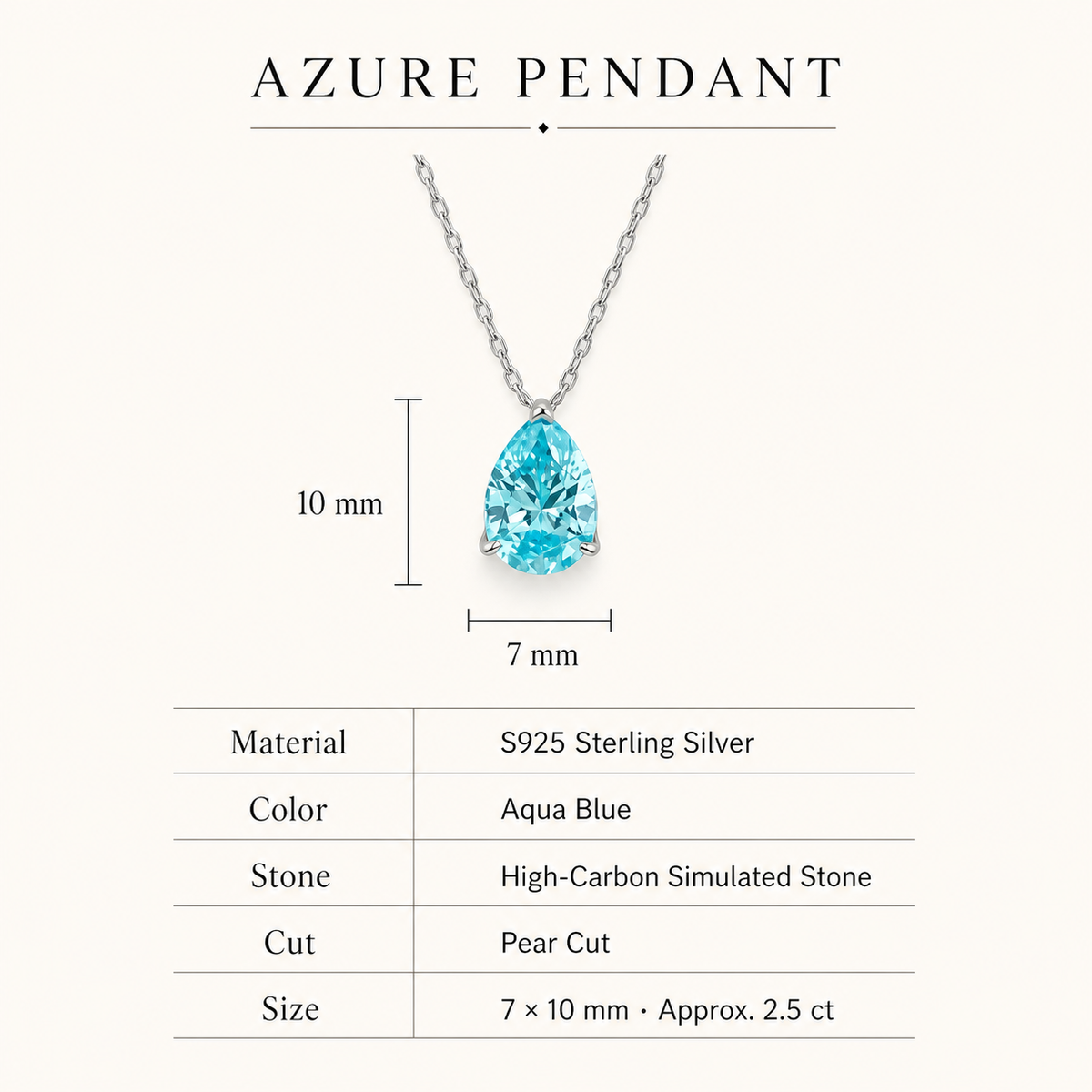 Azure pendant specifications: S925 sterling silver, aqua-blue pear-cut high-carbon simulated stone, 7 by 10 millimetres, approximately 2.5 carats
